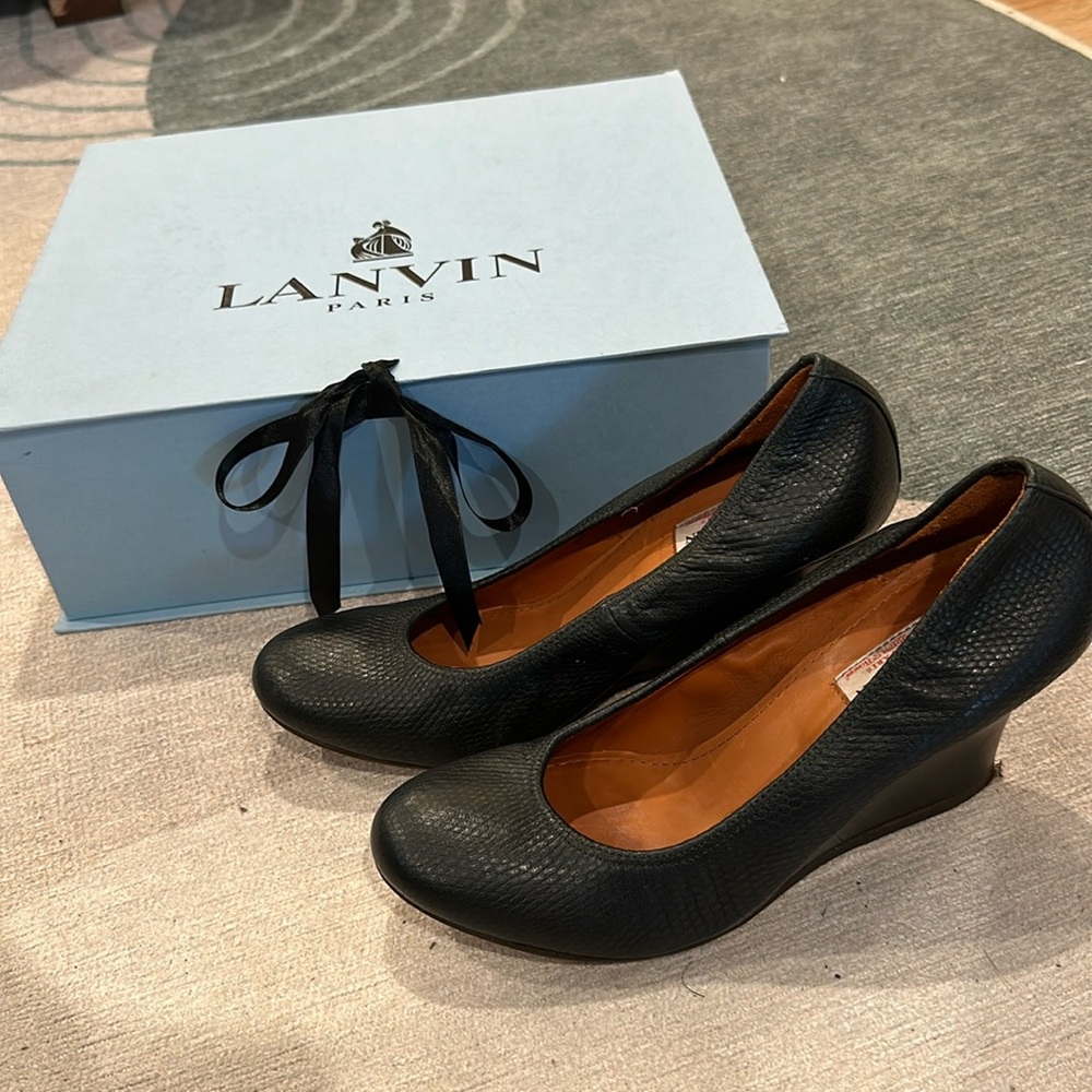 Lanvin black wedge 3” heels